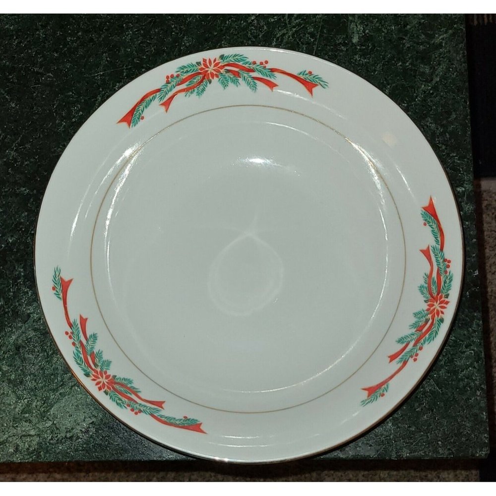 1 Vtg Fairfield Poinsettia & Ribbon Christmas Holiday Soup Bowl 7.5" Gold Trim.